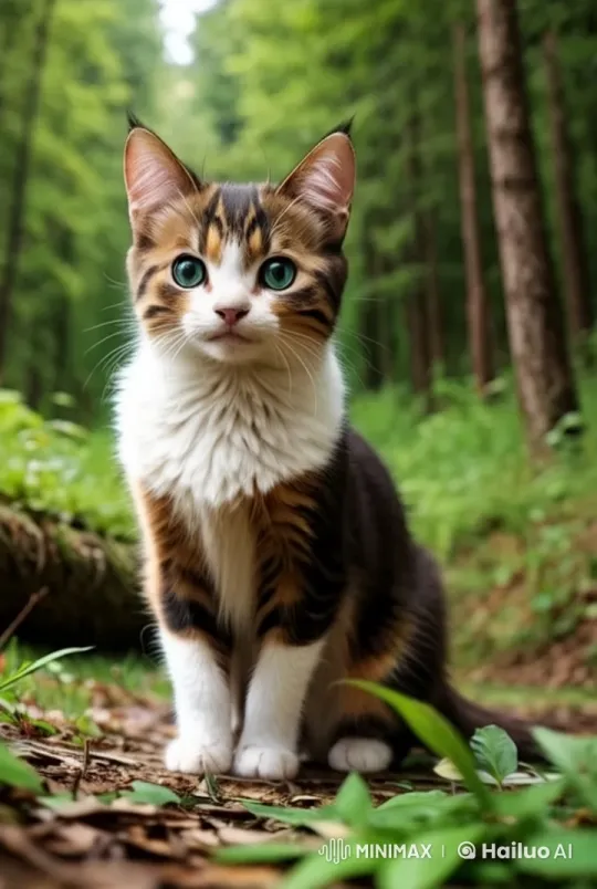Calico Cat Serenade in a Lush Forest Setting – AI Generated Video | Hailuo AI