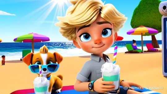 Boy and Dog Enjoy Summer Day with Milkshakes at the Beach – AI Generated Video | Hailuo AI