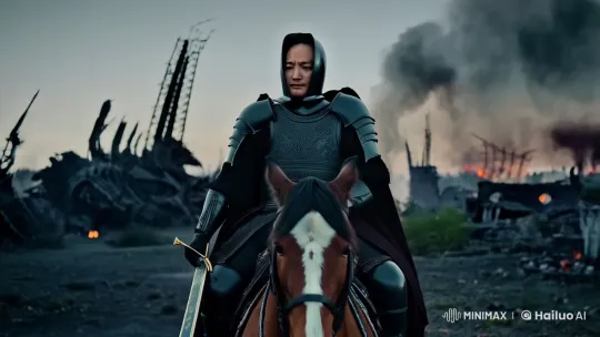 Twilight Knight Stands Amidst Ruins and Flames – AI Generated Video | Hailuo AI