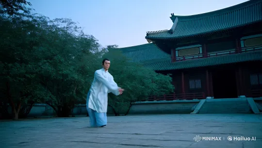 Kungfu Master's Graceful Morning Training in Tranquil Courtyard – AI Generated Video | Hailuo AI