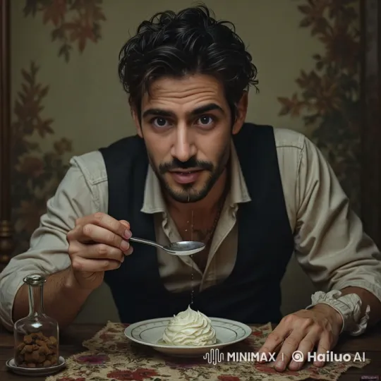 Man Savors Whipped Cream with Joy in Cozy Vintage Setting – AI Generated Video | Hailuo AI