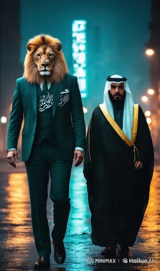 Surreal Scene: Giant Lion-Headed Man Meets Saudi Leader in Riyadh – AI Generated Video | Hailuo AI