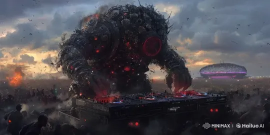 Cybernetic DJ Raves in Post-Apocalyptic Landscape – AI Generated Video | Hailuo AI