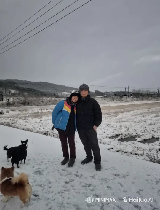 Couple Practices Martial Arts in Snowy Landscape with Playful Dogs – AI Generated Video | Hailuo AI