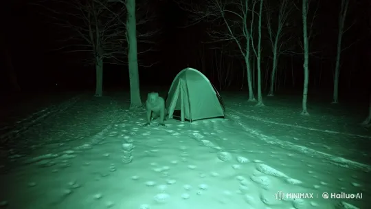 Infrared Night Vision Captures Mysterious Figure Near Tent – AI Generated Video | Hailuo AI