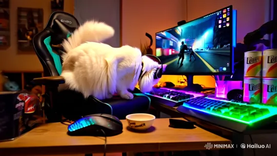 Pet Cat Shiro's Gaming Setup in Cozy Night Room – AI Generated Video | Hailuo AI