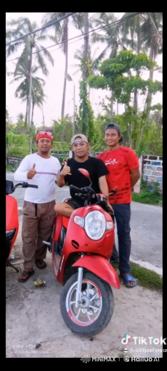 Three Men Practicing Martial Arts by a Red Scooter – AI Generated Video | Hailuo AI