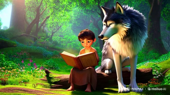 Child Reads Quran in Peaceful Forest with Companion Wolf – AI Generated Video | Hailuo AI