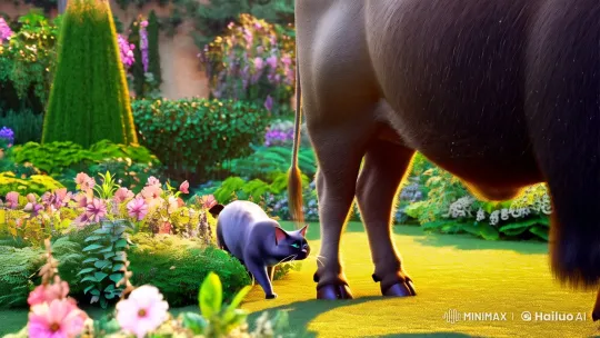 Cat Assisting Buffalo in Sunlit Garden – AI Generated Video | Hailuo AI
