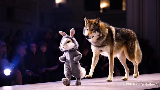 Anthropomorphic Fashion Show: Bunny and Wolf Strut Runway – AI Generated Video | Hailuo AI
