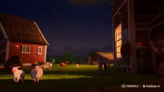 Tranquil Night Farm with Starry Sky Panorama – AI Generated Video | Hailuo AI