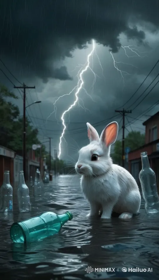 Wet Rabbit Struggles in Stormy Street Scene – AI Generated Video | Hailuo AI