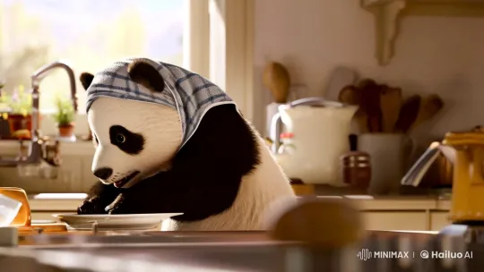 Panda Washing Dishes in Cozy Kitchen Setting – AI Generated Video | Hailuo AI
