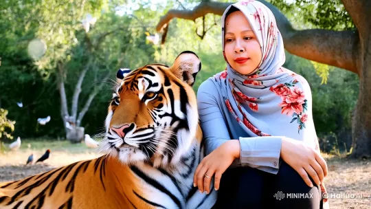 Woman and Tiger Embrace in Serene Forest Setting – AI Generated Video | Hailuo AI