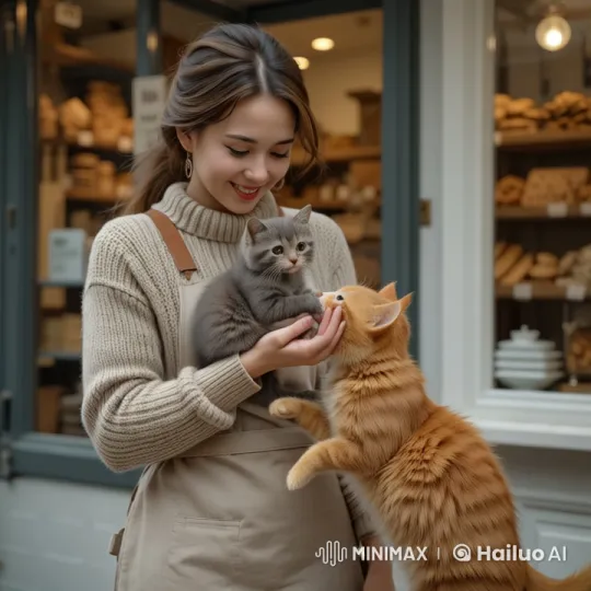 Woman Adopts Orphaned Kittens Outside Cozy Bakery – AI Generated Video | Hailuo AI