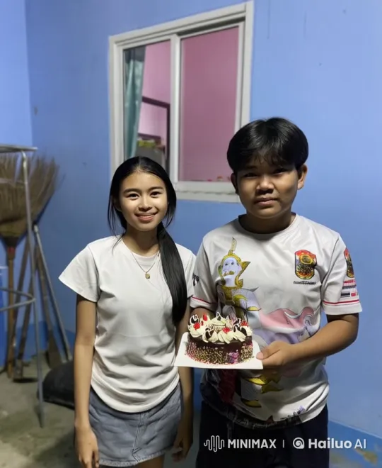 Boy and Girl Celebrate with Cake in Cheerful Blue Room – AI Generated Video | Hailuo AI