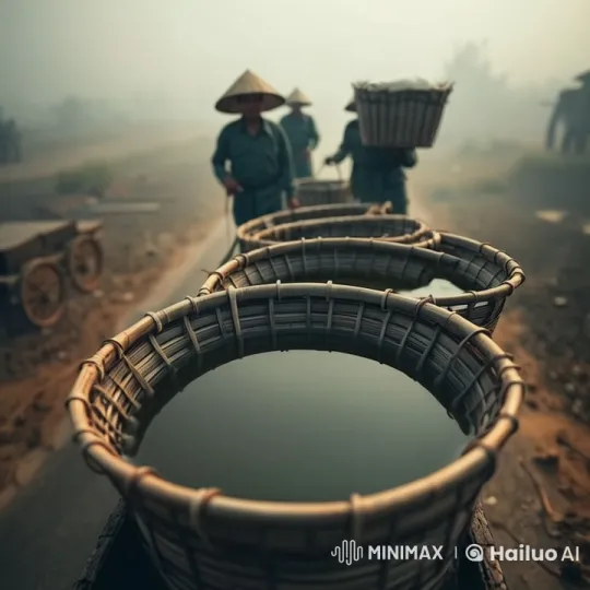 Traditional Procession with Water Baskets in Misty Rural Setting – AI Generated Video | Hailuo AI