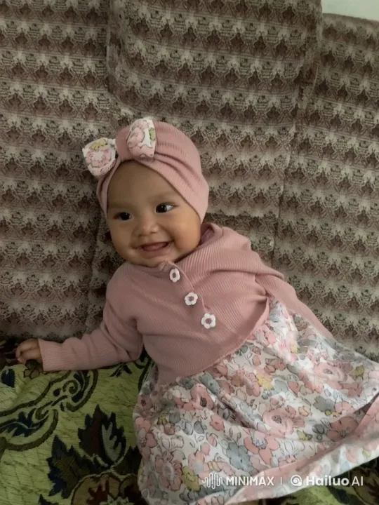 Baby in Matching Pink Outfit Sways on Couch – AI Generated Video | Hailuo AI