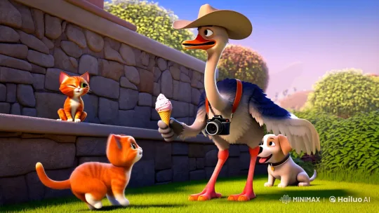 Cartoon Ostrich Enjoys Playful Day with Pets – AI Generated Video | Hailuo AI