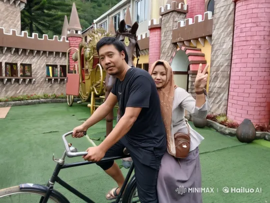 Kung Fu Duo Showcases Skills on Bicycle in Fairy-Tale Setting – AI Generated Video | Hailuo AI