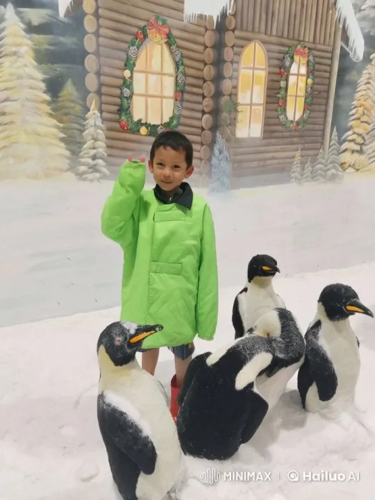 Child and Penguins Greet Winter Wonderland – AI Generated Video | Hailuo AI