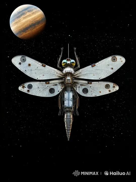 Mechanical Dragonfly in Space with Approaching Planet – AI Generated Video | Hailuo AI