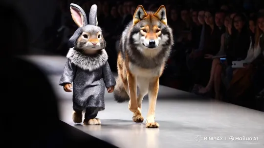 Anthropomorphic Rabbit and Wolf Strut Runway in Dramatic Fashion Clip – AI Generated Video | Hailuo AI