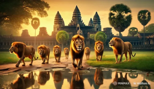 Lions Walk Before Angkor Wat at Golden Sunset – AI Generated Video | Hailuo AI