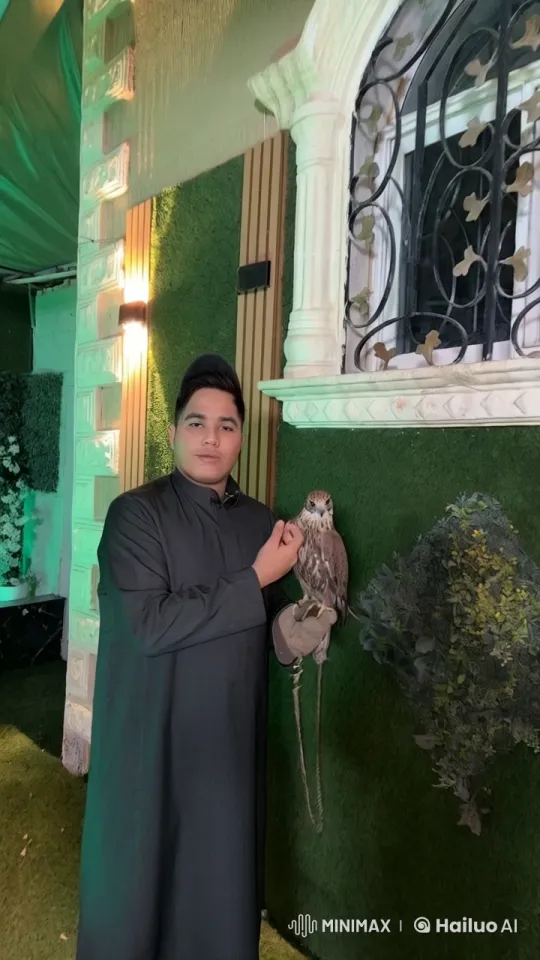 Man with Falcon Amidst Ornate Stonework and Greenery – AI Generated Video | Hailuo AI
