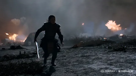 Lone Warrior Engages in Intense Combat on Smoky Battlefield – AI Generated Video | Hailuo AI