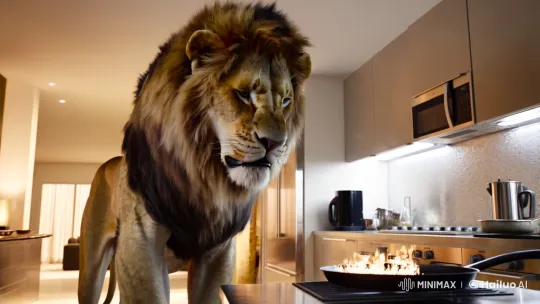 Lion in Modern Kitchen: A Blend of Wild Elegance – AI Generated Video | Hailuo AI