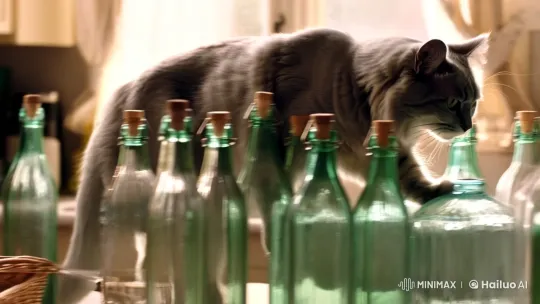 British Shorthair Cat Curiously Examines Glass Bottles – AI Generated Video | Hailuo AI