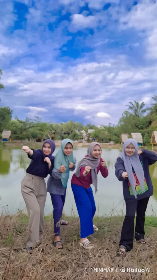 Four Hijabi Women Playfully Box by Serene Pond – AI Generated Video | Hailuo AI