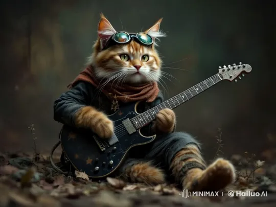 Feline Rock Star: Cat Strums Electric Guitar in Forest – AI Generated Video | Hailuo AI