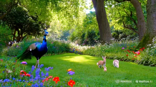 Nature's Serenade: Peacock and Rabbits in Tranquil Harmony – AI Generated Video | Hailuo AI