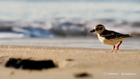 Sanderling Bird Enacts Gunslinger Fantasy on Shoreline – AI Generated Video | Hailuo AI