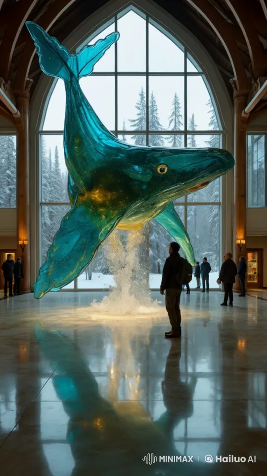 Magical Disintegration of a Suspended Whale Statue – AI Generated Video | Hailuo AI