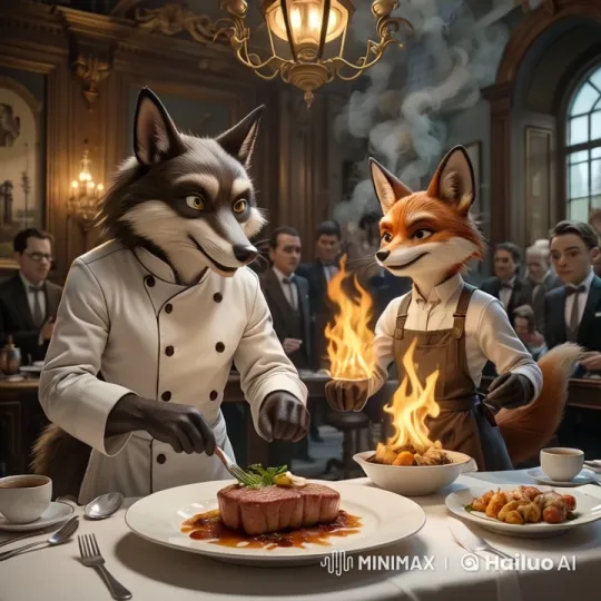 Sophisticated Wolf, Mischievous Fox: A Culinary Duel – AI Generated Video | Hailuo AI
