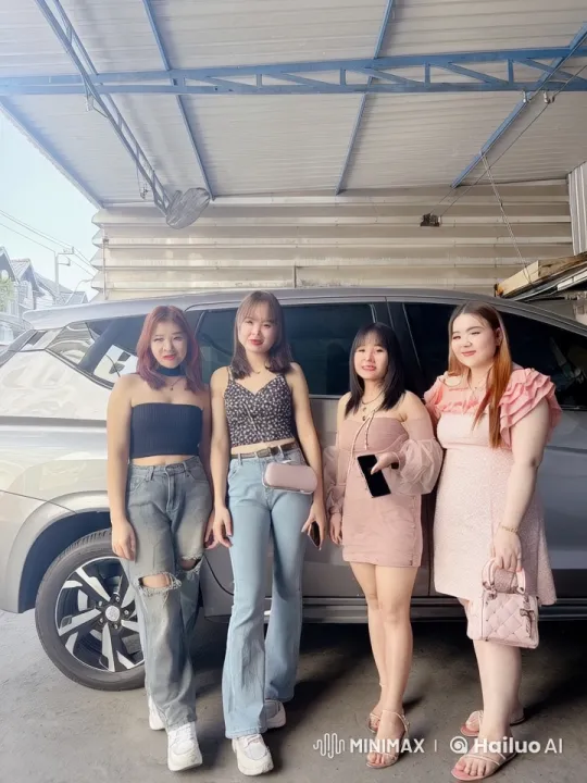 Four Friends Pose by Car in Sunny Street Scene – AI Generated Video | Hailuo AI