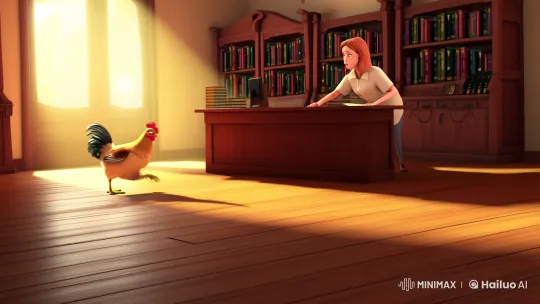 Quirky Chicken Leads Librarian on Surreal Library Adventure – AI Generated Video | Hailuo AI