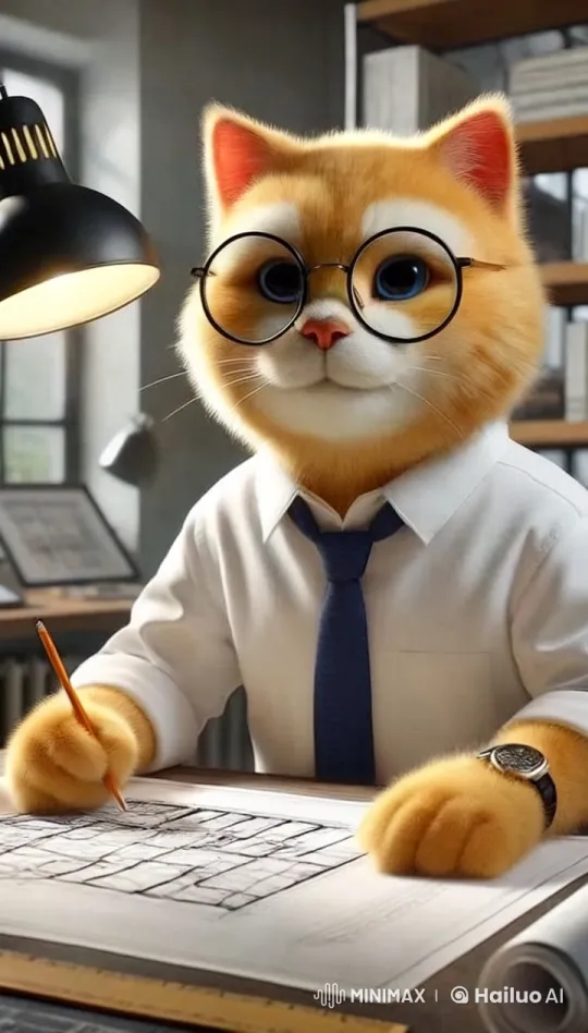 Feline Architect: Cat Diligently Works on Design – AI Generated Video | Hailuo AI