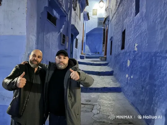 Friends Display Martial Arts in Chefchaouen Alley – AI Generated Video | Hailuo AI