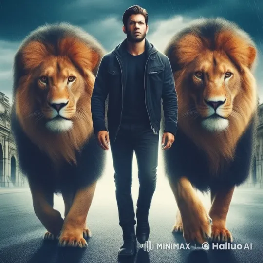 Confident Man Walks with Lions Under Stormy Skies – AI Generated Video | Hailuo AI