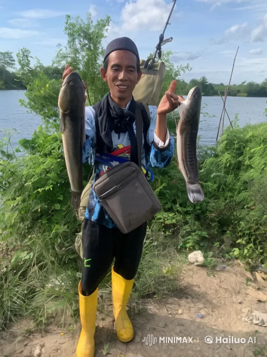 Joyful Fisherman Showcases Catch Amidst River Serenity – AI Generated Video | Hailuo AI