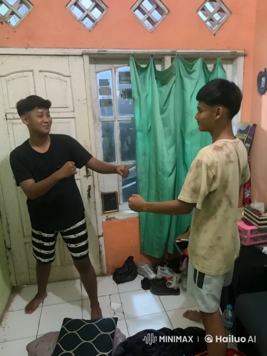 Two Boys Practicing Kungfu in a Cluttered Room – AI Generated Video | Hailuo AI