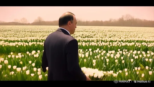 Middle-aged Man Selects Tulips in Serene Field – AI Generated Video | Hailuo AI