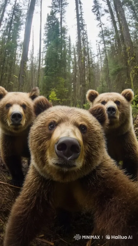 Curious Brown Bear Cubs Explore Forest – AI Generated Video | Hailuo AI