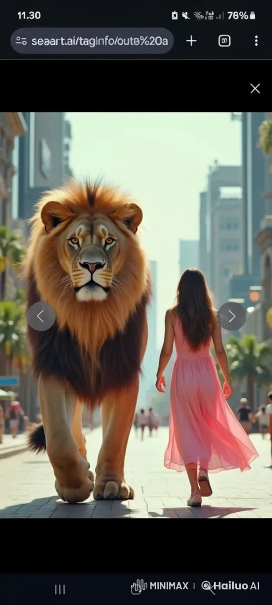 Woman in Pink Dress Walks with Lion in Futuristic City – AI Generated Video | Hailuo AI