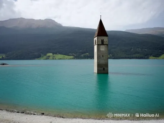 Stone Clock Tower Submerges in Tranquil Lake – AI Generated Video | Hailuo AI