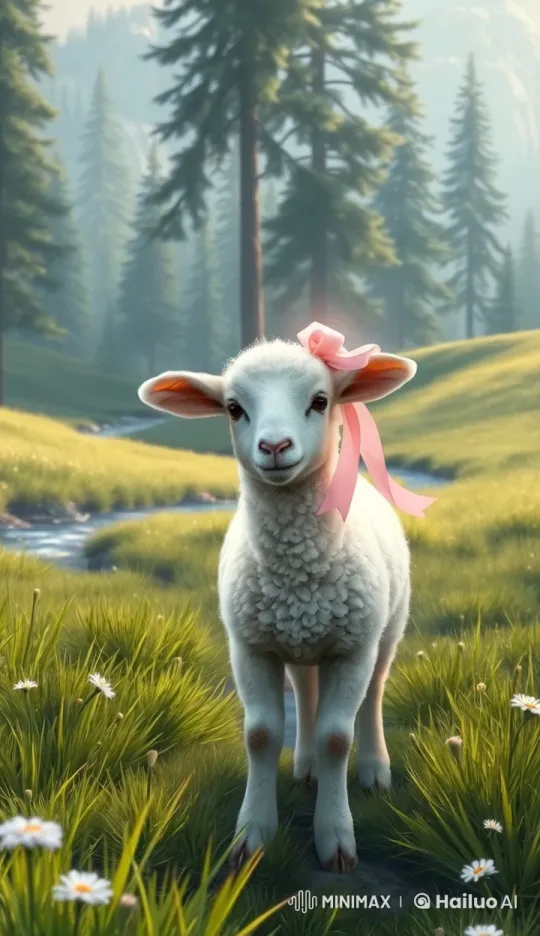 Innocent Lamb in Serene Meadow with Ribbon – AI Generated Video | Hailuo AI